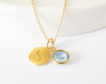 Gold Initial & Birthstone Charm Necklace, Initial Necklace, Monogram Jewelry, Personalized Jewelry, Mom Necklace