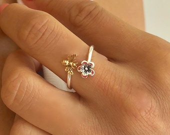 Sterling Silver Adjustable Bee and Flower Ring, Honey Bee Jewelry, Bee Keeper Jewelry, Gift For Her