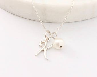 Silver Script Initial & Pearl Necklace