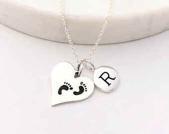 Silver Initial and Heart Foot Print Necklace, Personalized Jewelry, Mom Necklace, Monogrammed Gifts, Gift For Her, Mothers Day Gift