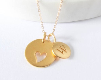 Collier initiales en or et breloques coeur, bijoux personnalisés, collier initiales, collier en or, cadeau de fête des mères