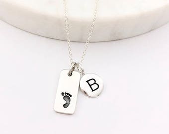 Silver Initial & Baby Footprint Charm Necklace - Personalized