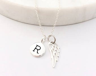 Silver Initial & Angel Wing Charm Necklace