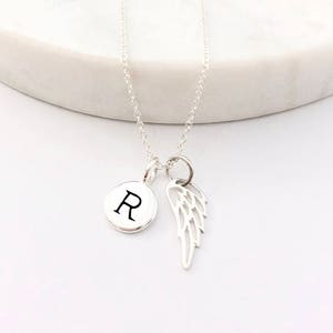 Silver Initial & Angel Wing Charm Necklace