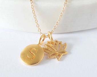 Gold Initial & Mini Lotus Charm Necklace -  Personalized