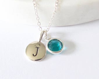 Silver Initial with Birthstone Necklace, Necklace for mom, Letter Necklace, Personalized Necklace