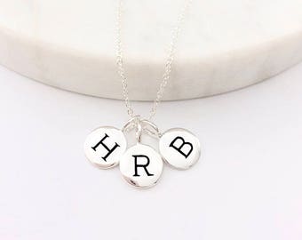 3 Initial Silver Necklace, Necklace for Mom, Letter Necklace, Multi Charm Necklace