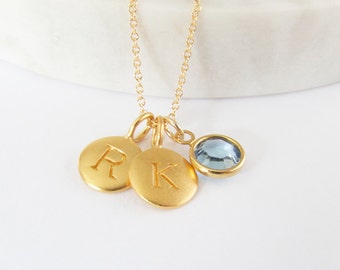 2 Gold Initial & Birthstone Charm Necklace, Birthstone Necklace, Initial Necklace, Personalized Jewelry