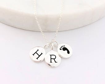 Silver 2 Initial & Baby Foot Print Charm Necklace