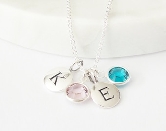 Silver 2 Initial & 2 Birthstone Necklace, Birthstone Necklace, Letter Necklace, Initial Necklace, Necklace for Mom