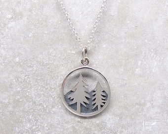 Tree & Mountain Pendant Necklace Silver, Outdoor Hiker Jewelry,  Gift For Her