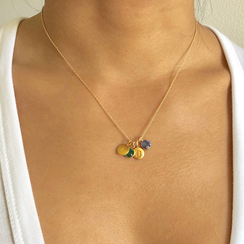 2 Gold Initial & Birthstone Charm Necklace Birthstone Etsy