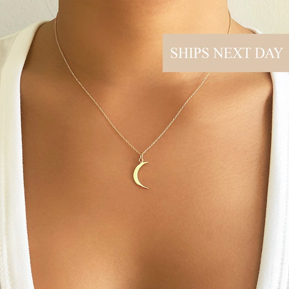 14k Solid Gold Crescent Moon Pendant Necklace for Women – NORM JEWELS