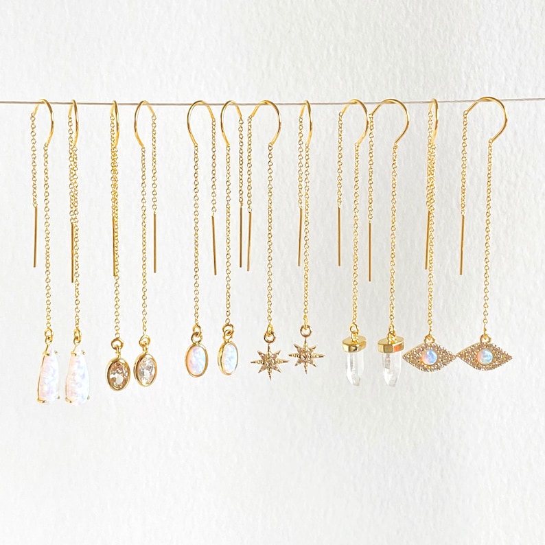 Gold Threader Earrings, Dangle & Drop Earrings, Chain Earrings, Delicate Earrings, Gift for Her, Opal Earrings, Bridesmaid Earrings 
