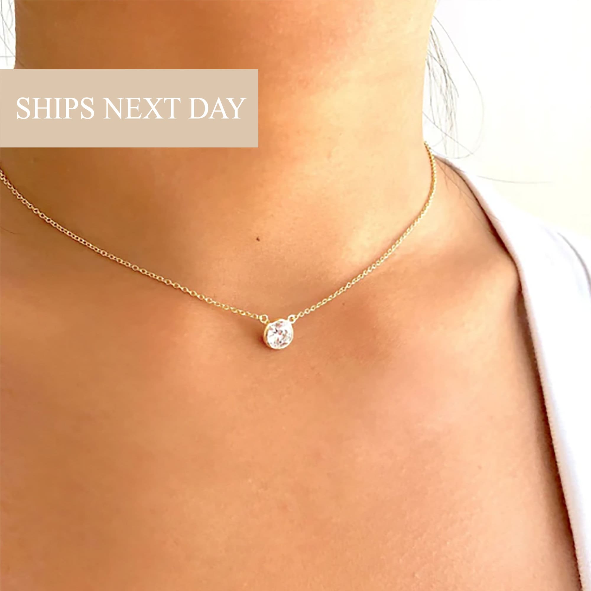 Dainty Diamond Necklace /Gold Diamond Necklace / Delicate Solitaire Pendant  / Bridal Jewelry / Floating Diamond | Wish