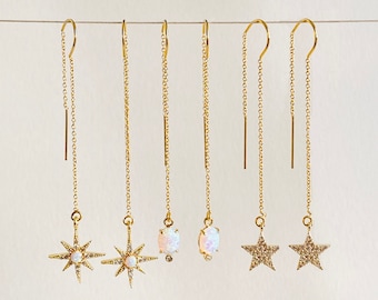 Threader Earrings Gold, Dangle & Drop Earrings, Opal Chain Earrings, Delicate Earrings, Gift for Her, U Threader