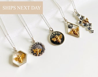 Bee Necklace, HoneyBee Charm Necklace Silver, Gift For Her, Save the Bees, Honeycomb Necklace Gift For Her