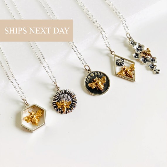 Bee Necklace, HoneyBee Charm Necklace Silver, Gift For Her, Save the Bees, Honeycomb Necklace Gift For Her