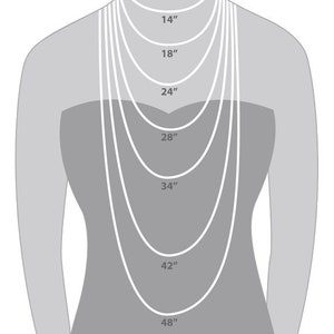 May include: Diagram showing different necklace lengths on a model, from 14 inches to 48 inches.