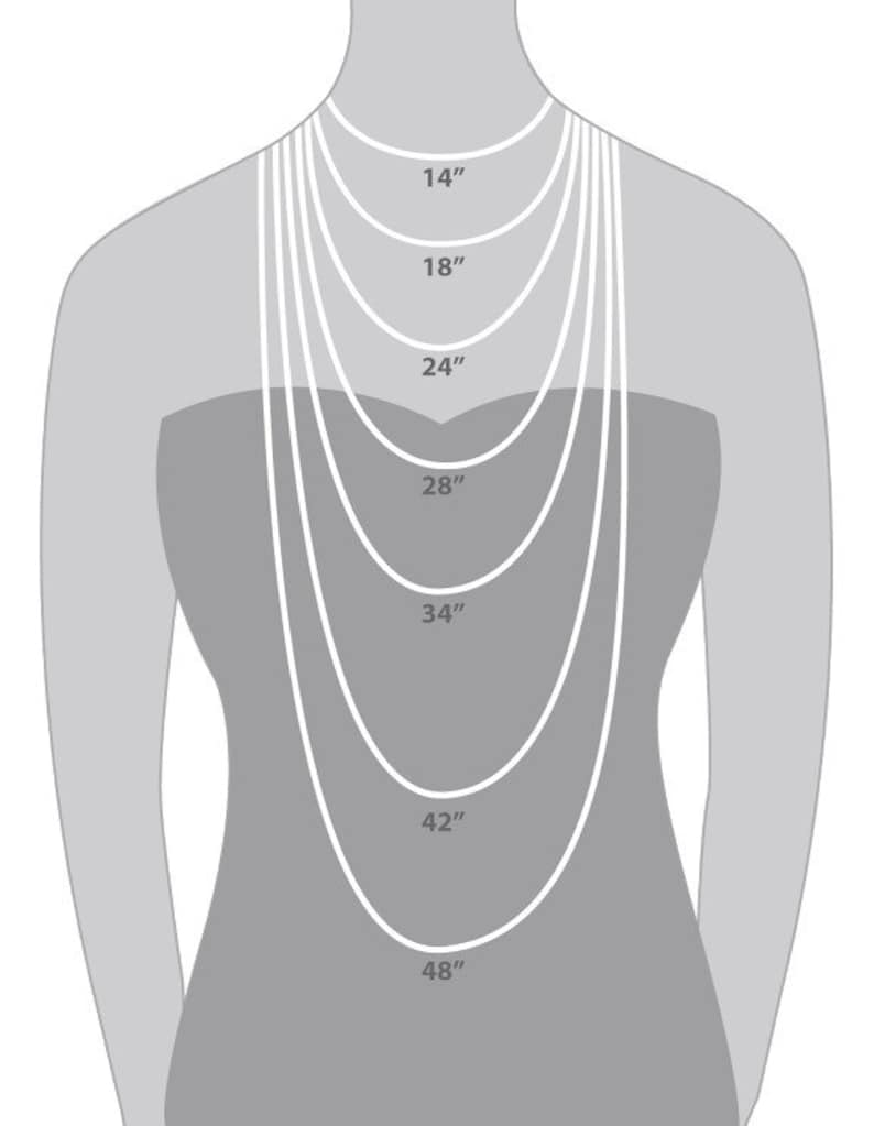 May include: Diagram showing different necklace lengths on a model, from 14 inches to 48 inches.