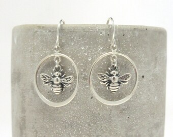 Silver Bee Dangle Earrings - Bee Charm Earrings - Honeybee Earrings - Bee Keeper Jewelry, Gift for Her