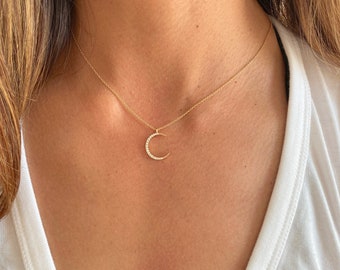 Crescent Moon Charm Necklace, Minimalist Necklace, Diamond Necklace, Gift For Her