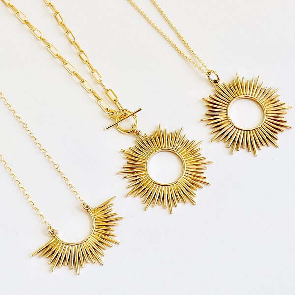 Sun Statement Halskette, Sunburst Celestial Charm Halskette, Geschenk für Sie, Freundin Geschenk, Layering Halskette Gold