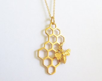 Gold Honeycomb Necklace with Bee Charm - Honeycomb charm - Silver Honeycomb Pendant, Gift For Her, Save the Bees, Gold Filled