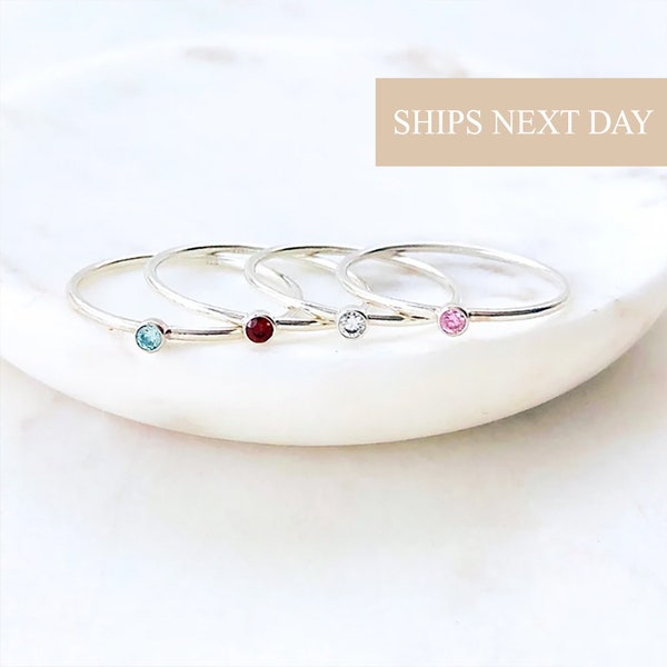 Birthstone Ring Silver, Birthstone Ring for Mom, Tiny Birthstone Ring, Stacking Ring