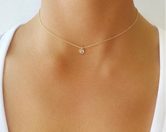 Collar de gargantilla solitario, diamante solitario, collar de gargantilla de oro, collar de oro, regalo para ella