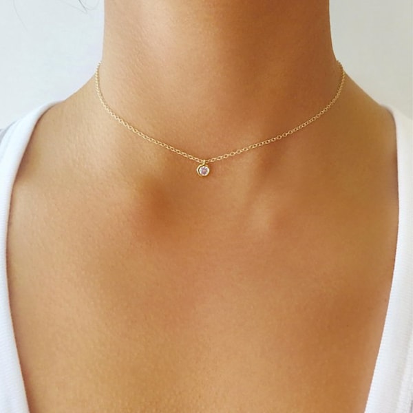 Solitaire Choker Necklace, Solitaire Diamond, Choker Necklace Gold, Gold Necklace, Gift For Her