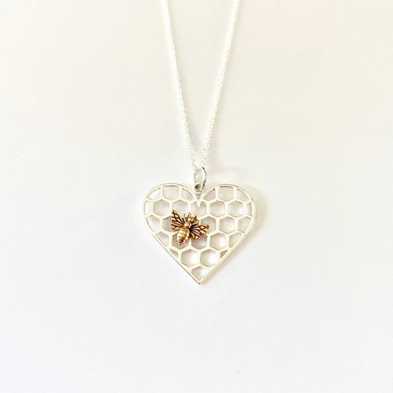 Honeybee Jewelry Silver Pendant Bee Necklace Bumble Bee Mothers Day Gift Heart and Bee Charm Necklace