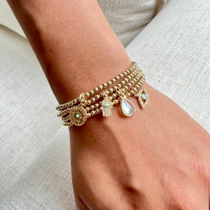 14k Gold Filled Ball Beaded Bracelet, Stacking Charm Bracelet, Opal, Evil Eye Charm, Gift For Her, Mothers Day Gift