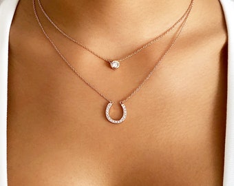 Horseshoe and solitaire Layered Necklace Set, Layering Necklaces, Gift Set, Lucky Necklace, Gift For Her, Ships Now