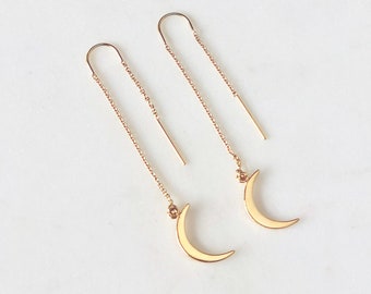 Crescent Moon Earrings, Threader Earrings, Moon Earrings, Crescent Moon Threaders