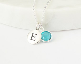 Silver Initial & Crystal Birthstone Charm Necklace - Personalized