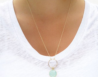 Aqua Chalcedony Circle Pendant Necklace, Circle Necklace,  Gift For Her