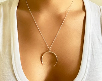Silver Crescent Moon Necklace - Moon Charm Necklace - Large Double Horn Necklace