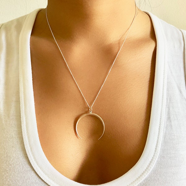 Silver Crescent Moon Necklace - Moon Charm Necklace - Large Double Horn Necklace