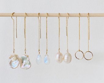 Gold Filled Pearl Threader Earrings, Moonstone Dainty Earrings, Gift For Her, Wedding Earrings, Bridesmaid Earrings