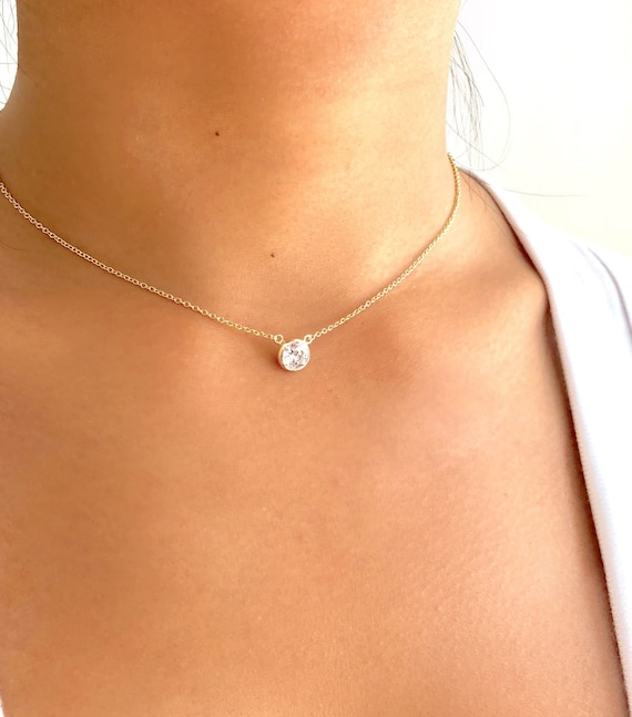 Amazon.com: Dainty 14k Gold Plated CZ Diamond Solitaire Pendant Necklace -  Minimalist Choker Necklace for Women and Girls: Clothing, Shoes & Jewelry