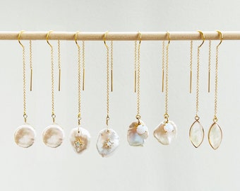 Pearl Threader Earrings, Gold Filled, Wedding Earrings, U Threader Earrings, Chain Earrings, Bridesmaid Earrings