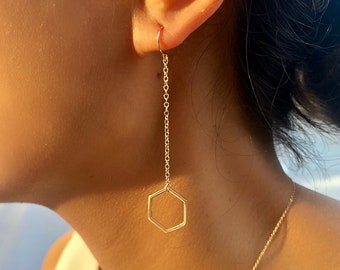Honeycomb Dangle Threader Earrings, Geometric Earrings, Honeycomb Jewelry, Gift For Her