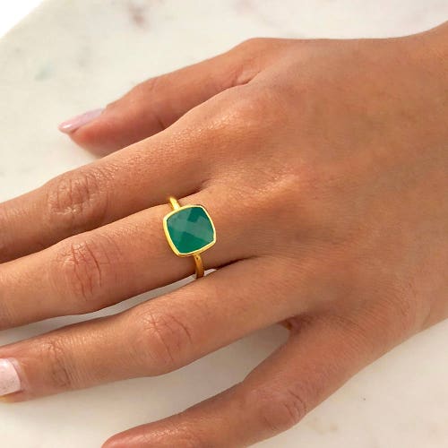 Green Onyx Ring Square Gold Green Stone Ring Gold Ring Etsy