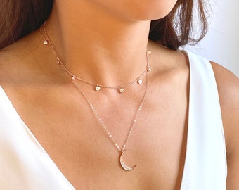 Ensemble de colliers superposés, collier croissant de lune, tour de cou en diamants, ensemble de colliers superposés délicats, cadeau pour elle