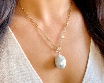 Baroque Pearl Necklace Gold, Large Keshi Pearl Bridal Pearl Jewelry, Gift For Her