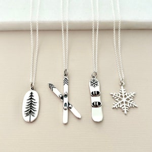 Sterling Silver Snowboard, Skis, Snowflake, Pine Tree Necklace, Outdoor Lover Gift, Snowboarding Gifts