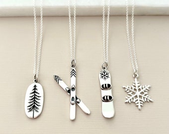 Sterling Silver Snowboard, Skis, Snowflake, Pine Tree Necklace, Outdoor Lover Gift, Snowboarding Gifts