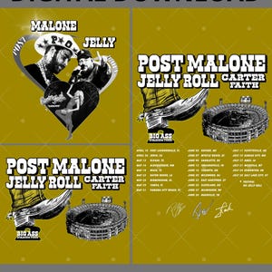 May include: Digital download featuring Post Malone, Jelly Roll, and Carter Faith. The design includes tour dates, a stadium graphic, and artist portraits. The text reads "Big Ass Stadium Tour" and "Transparent Background."