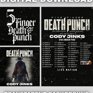 Può includere: Un grafico in download digitale che mostra il programma del tour mondiale del 20° anniversario dei Five Finger Death Punch 2026. Il design include i loghi della band, la sagoma di un cowboy, le date del tour, le località e il logo Live Nation.